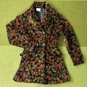 Rare Vintage Black and Orange Crushed Velvet Floral Pea Coat